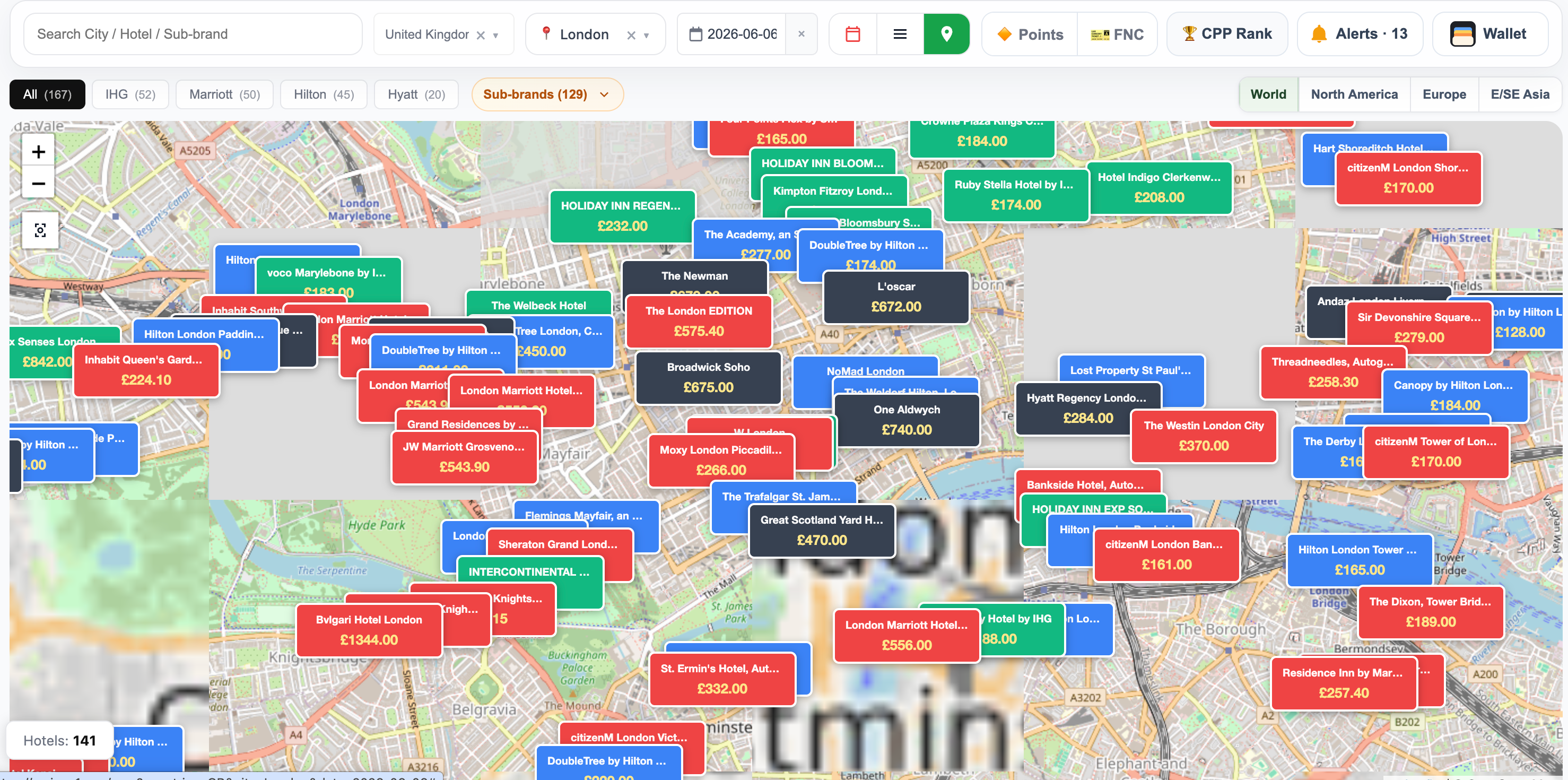 Maison One London city map showing hotel price markers
