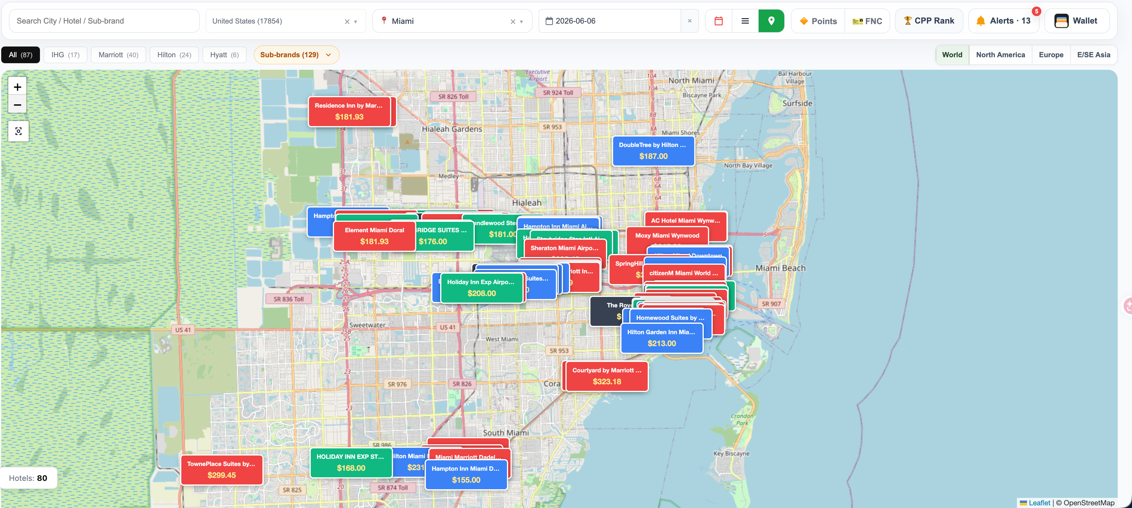 Maison One map view with Miami hotel prices and brand markers