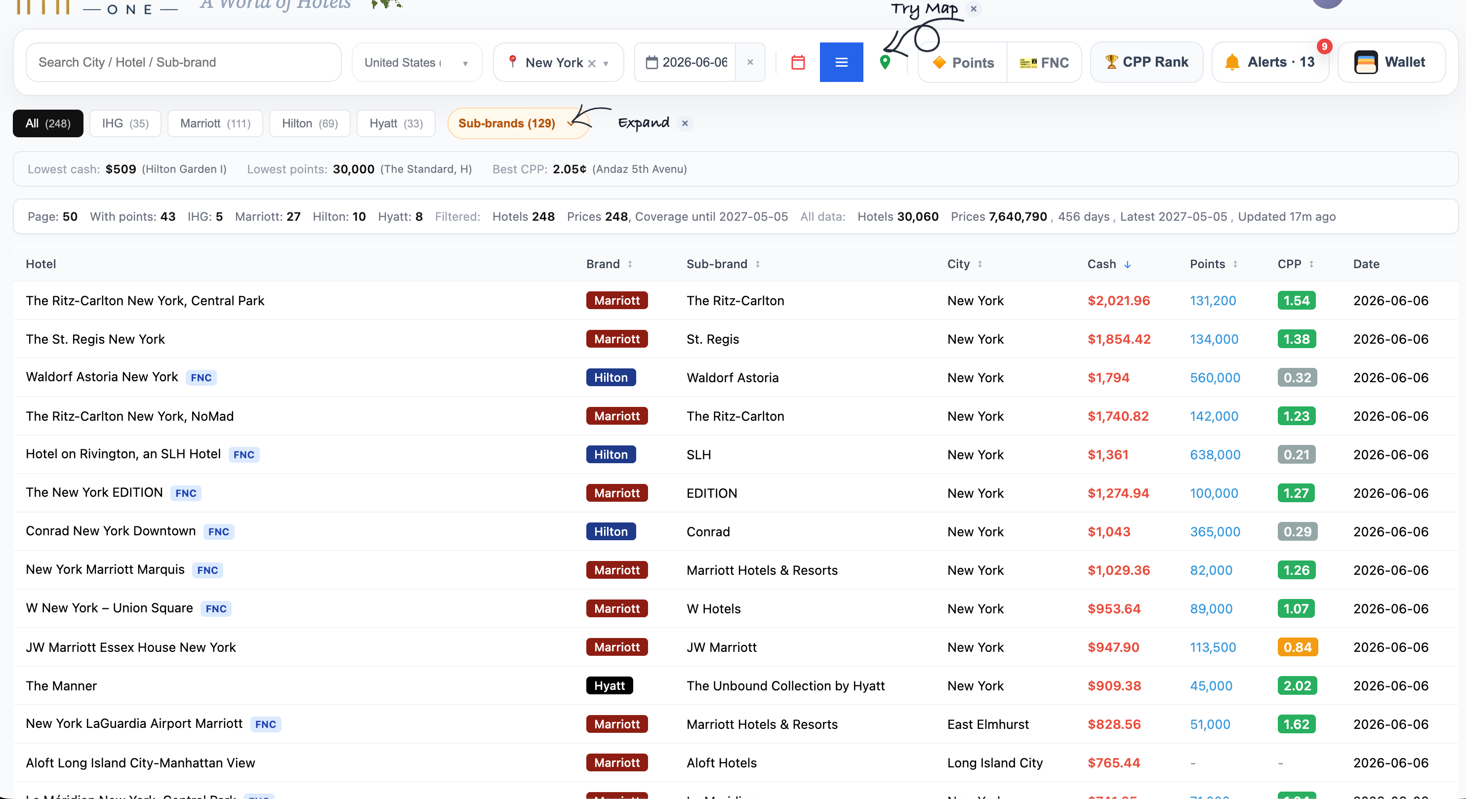 Maison One New York hotel list comparing cash, points, CPP, and brands