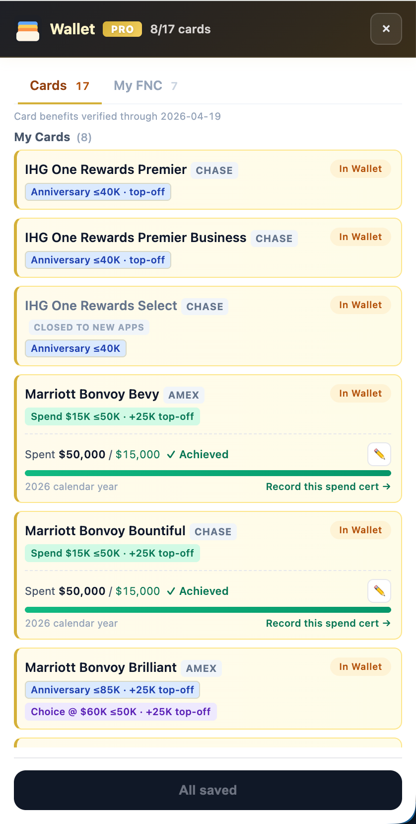 Maison One Wallet drawer with cards, FNC benefits, and spend progress