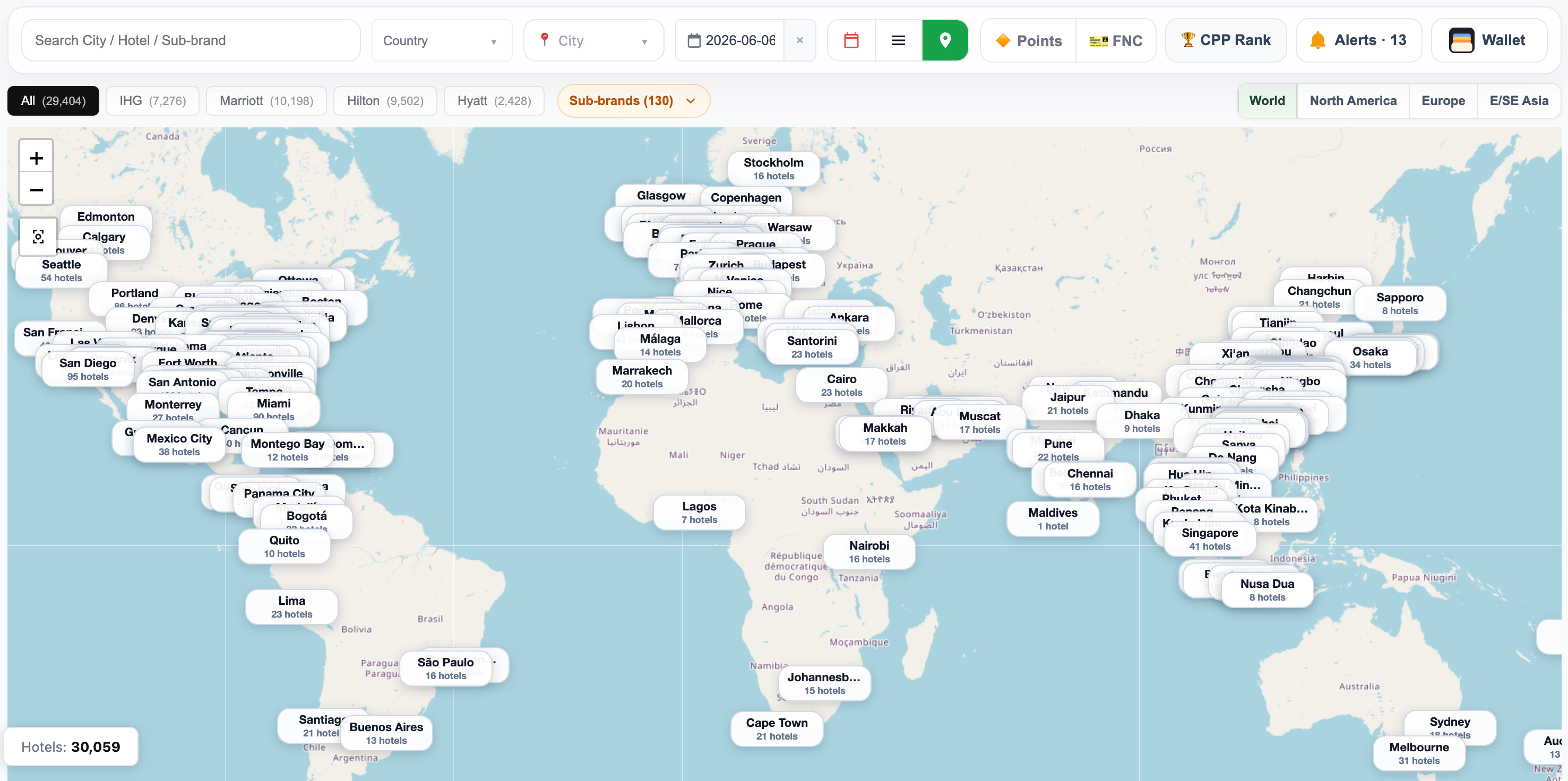 Maison One world map showing hotel coverage across regions